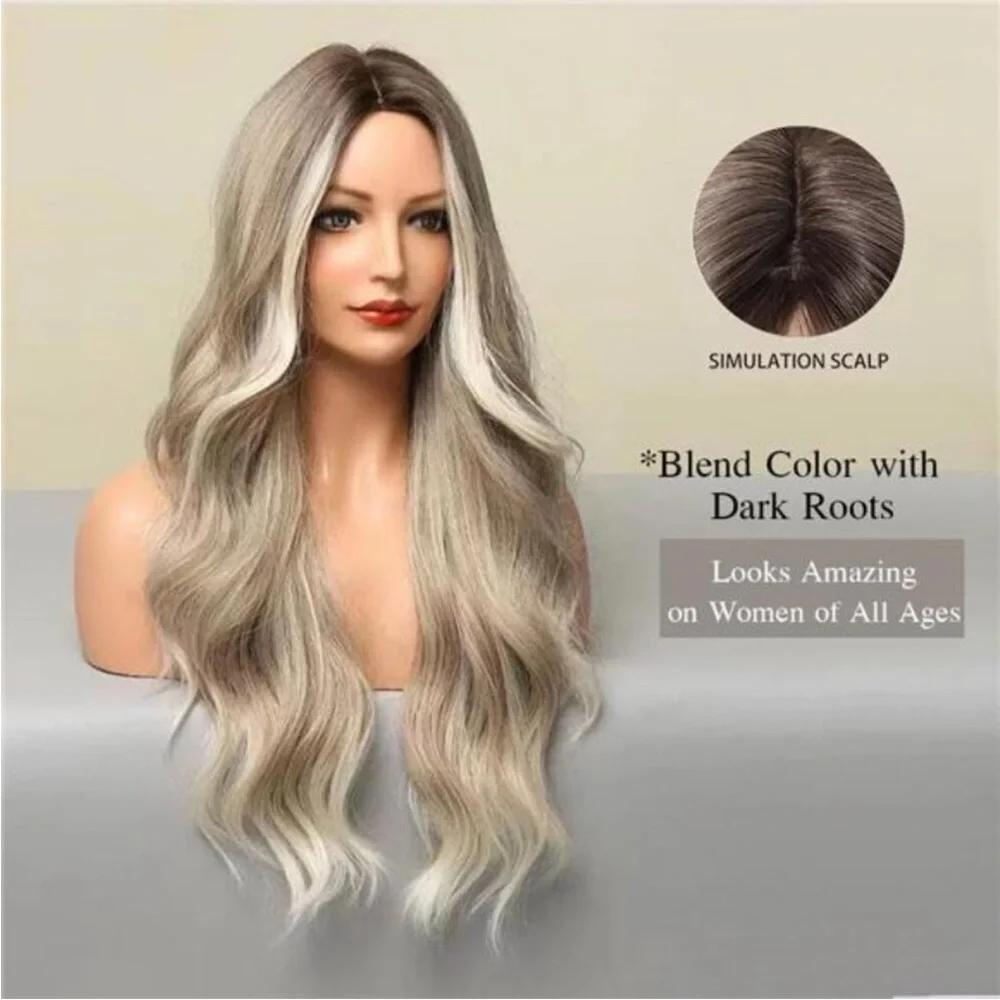 Womens Natural 24” Hair Heat Resistant Brown Ombre Ash Blonde NEW